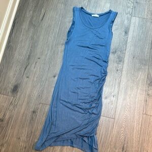 Slate blue tank dress, cinch on left side, super flattering